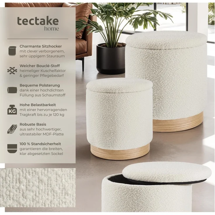 tectake Sitzhocker 2er Set Sitzhocker mit Stauraum, rund – Bild 3