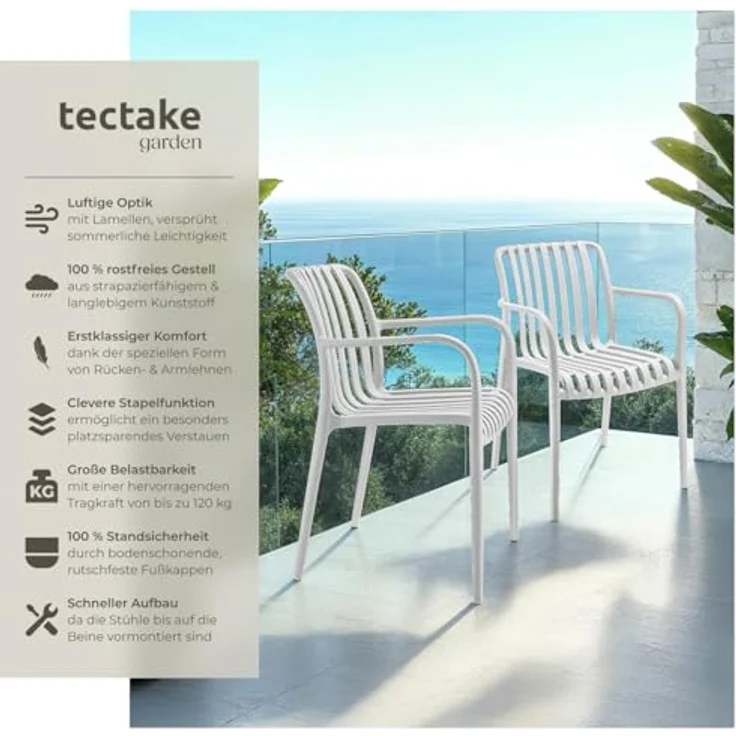 tectake® Gartenstühle stapelbar, Gartenmöbel Set, Balkon Möbel, Bistro Set, Sessel, Outdoor Möbel, Balkonmöbel, Terrassenmöbel - weiß, 4er Set – Bild 4