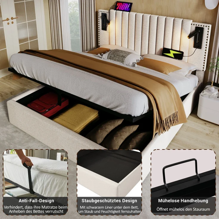 TavilaEcon Boxspringbett mit verstellbarem Kopfteil, Polsterbett Beige Liegefläche 160 × 200 cm – Bild 10