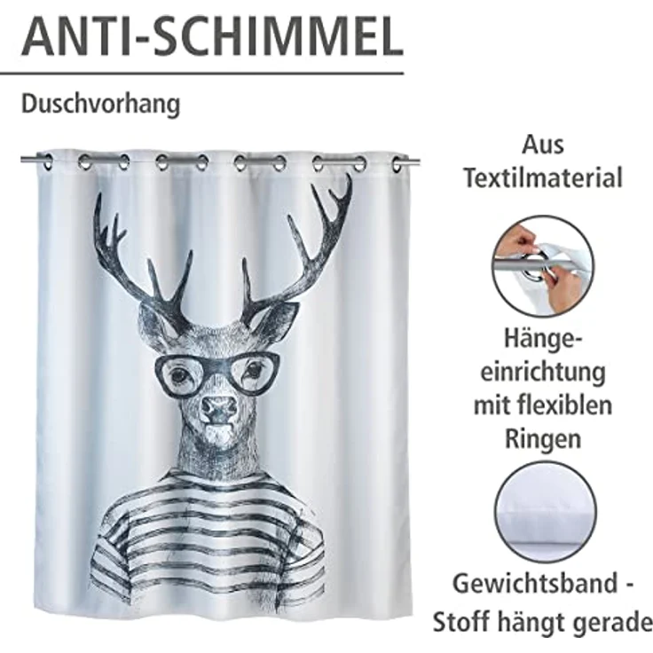WENKO MR. DEER Duschvorhang 180 x 200 cm, Weiß/Grau, waschbar, Polyester – Bild 4