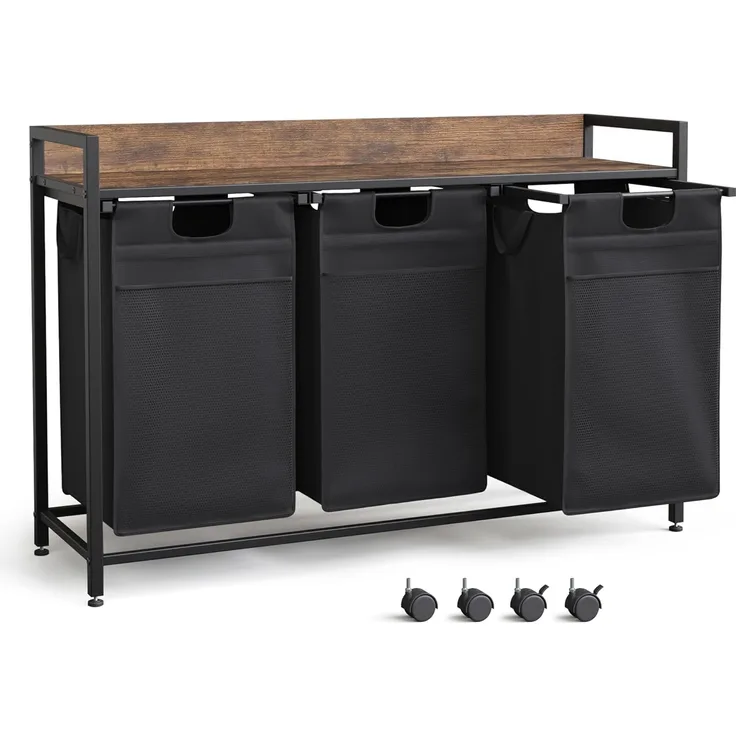 Mondeer Wäschekorb Metallgestell Wäschesammler (3 St, 3x50L), mit 3 abgetrennten Säcken, mit Ablage & austauschbaren Rollen