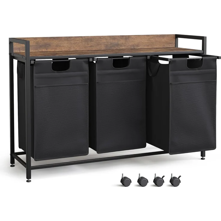 Mondeer Wäschekorb Metallgestell Wäschesammler (3 St, 3x50L), mit 3 abgetrennten Säcken, mit Ablage & austauschbaren Rollen