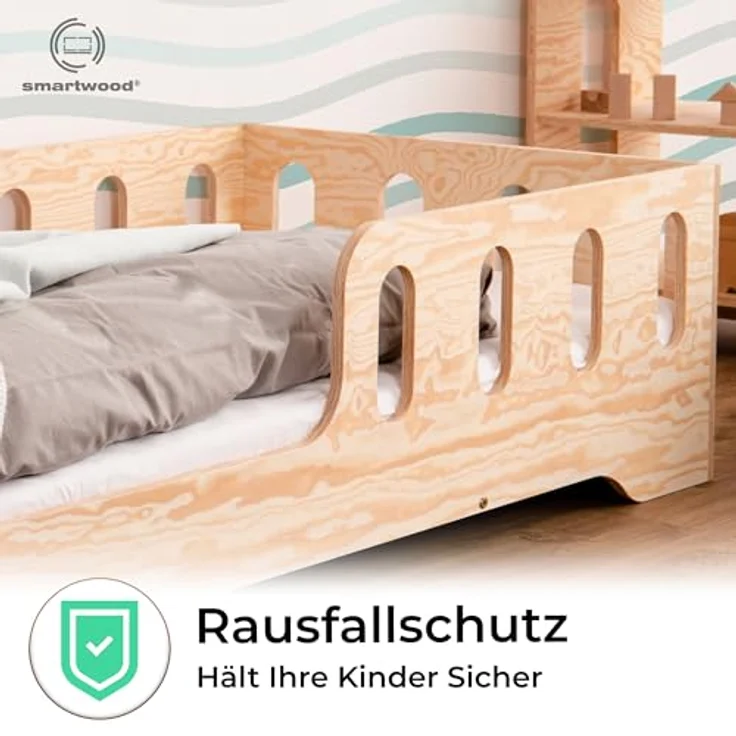 smartwood TILA 1L Kinderbett 70x140 | Montessori Bodenbett mit Lattenrost & Rausfallschutz | Für Jungen & Mädchen | Sicheres und Robustes Holzbett für Kinder ab 3 Jahren – Bild 5