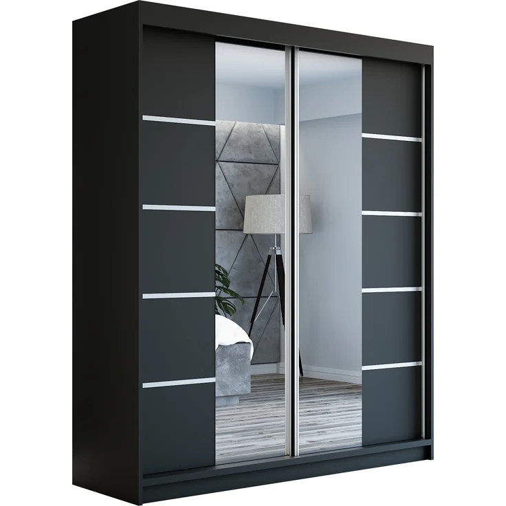 Schwebetürenschrank ERA 2-türig Schrank 180 cm (mit Spiegel) Farbe: Schwarz – Bild 1