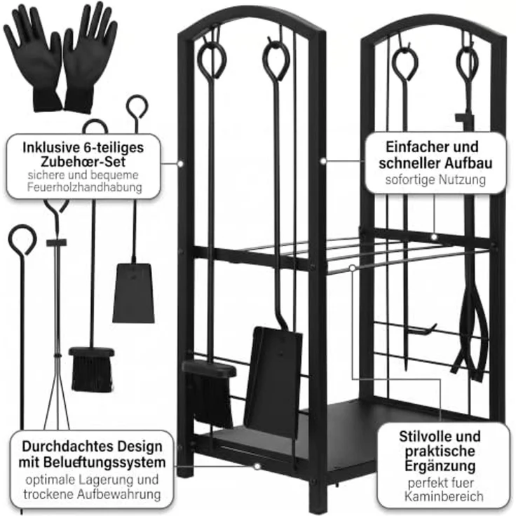 Kaminholzregal Kaminbesteck 6-tlg. Kaminhandschuhe Feuerholzablage Kaminzubehör Kaminholzständer Brennholz Garnitur Werkzeuge Metall Stapelhilfe Lager – Bild 5