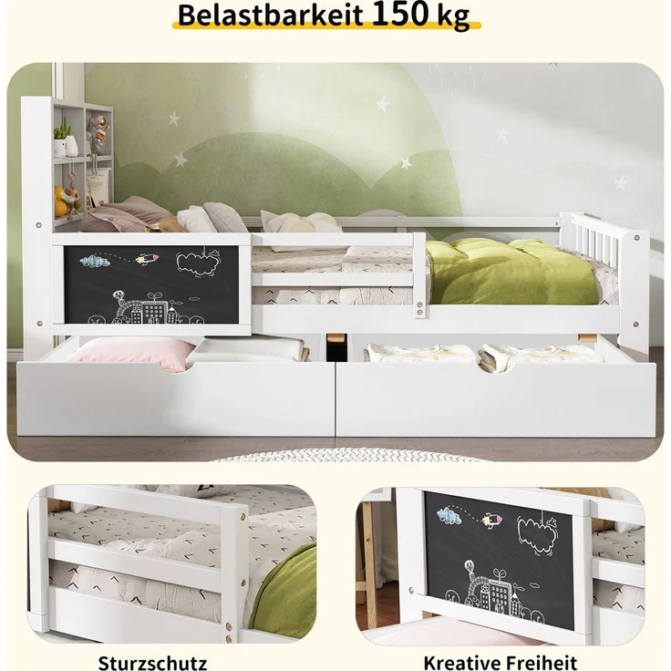 Kinderbett mit Rausfallschutz, Lattenrost und Schubladen, 90x200 cm, Jugendbett, Kiefer – Bild 4