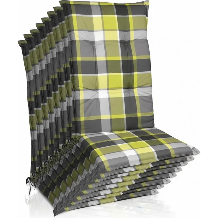 Beautissu Hochlehnerauflage 8er Set Hochlehner Auflagen Set 120x50 cm Polster Grün Kariert, 6cm Dicke Polsterauflage rutschfest UV-Lichtecht 5 Stuhlkissen – Bild 1