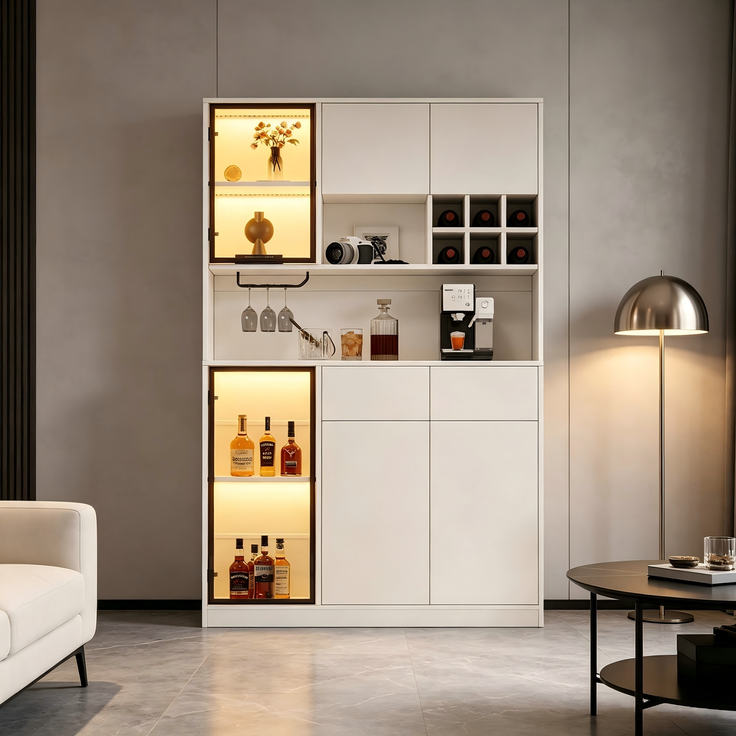 Hochschrank Vitrine 120×33×200cm, Wohnzimmer Schrank mit 6 Türen, 2 Schubladen, LED‑Beleuchtung, offenen Fächern, Hartfaserplatte & gehärtetem Glas, Weinschrank für Wohn‑ und Esszimmer--Weiß--120x33x200cm--YOUDENOVA – Bild 9