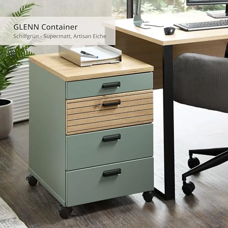 Stella Trading Glenn Rollcontainer Schreibtisch in Schilfgrün, Artisan Eiche Optik - Mobiler Büroschrank mit Schubladen - 45 x 66 x 55 cm (B/H/T) – Bild 3