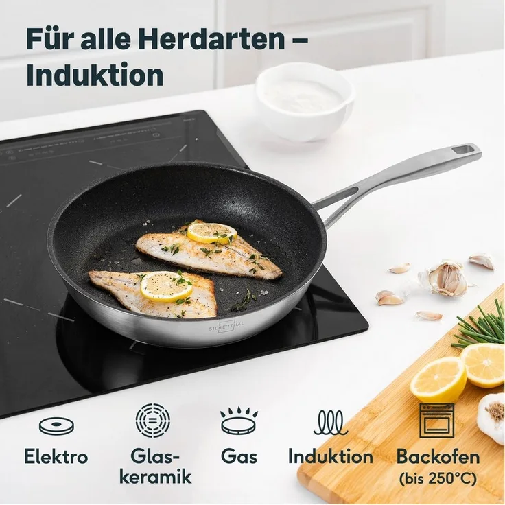 SILBERTHAL Bratpfanne 2er Set 24 & 28 cm, beschichtet, Induktion, Edelstahl (2-tlg), für alle Herdarten, backofenfest