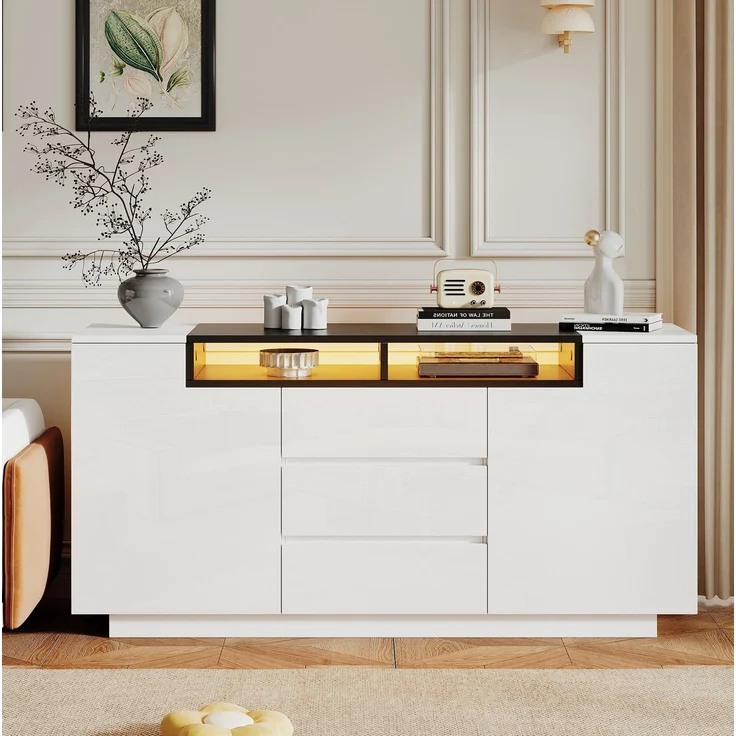 DESVIAE Sideboard mit LED-Beleuchtung und 3 Schubladen 140x68x40 cm Spanplatte Weiß/Schwarz – Bild 2