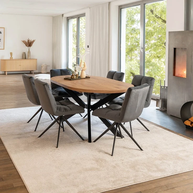 HOME DELUXE Essgruppe Oval Ausziehbar inkl. Sternfuß - 160 x 100 cm Light Oak 6 Stühle Hellgrau – Bild 1
