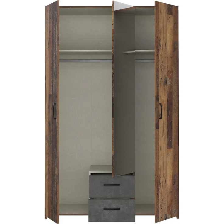 Forte ECONOBOX Kleiderschrank 120, rustikal, 3-türig, 2 Schubladen, Spiegel, Einlegeböden, Holzwerkstoff, Old Wood Vintage Holzdekor|Betonoptik Grau, 119,4 cm breit x 190,5 cm hoch x 54,4 cm tief – Bild 5