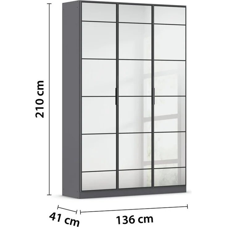 rauch Acero, Garderobenschrank in moderner Loft-Optik, 3-türig, 3 Glastüren, mit 8 Einlegeböden, Farbe Grau metallic, BxHxT 136x210x41cm – Bild 4