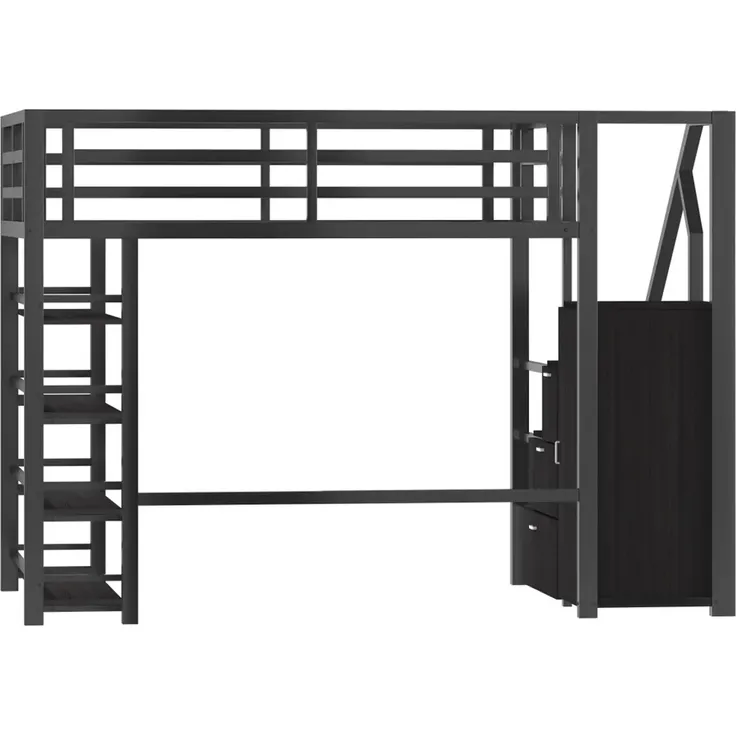 Hochbett mit Kleiderschrank, LED-Streifen, Rausfallschutz und Regal, 140x200cm, Treppe mit Schränken, und, Kinderbett, Metallbett – Bild 8
