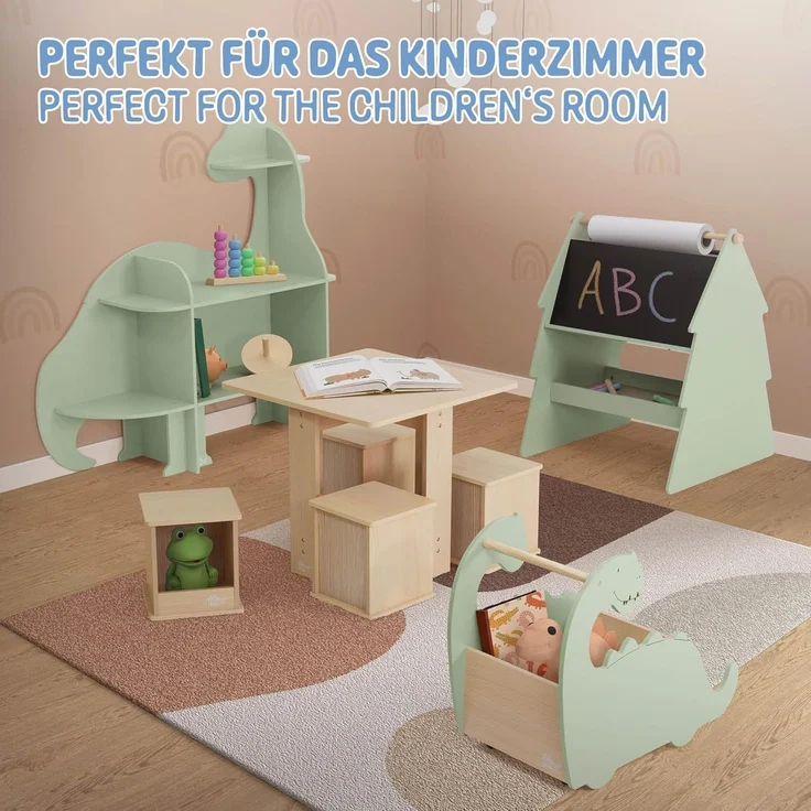 Joyz Spielzeugtruhe Kinderregal Kindermöbel Kinderzimmerregal Spielzeug Spielzimmer Möbel, Dino Spielzeugkiste mit 4 Rollen ideal als Lauflernwagen MDF / Kiefe – Bild 5