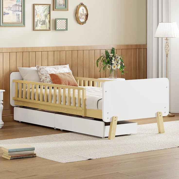 Ball & Cast Kinderbett (90x190cm) mit 2 Schubladen und Rausfallschutz, Juniorbett aus Massivholz mit Lattenrost, Einfach & Zeitsparend Montierbar, Weiß – Bild 5