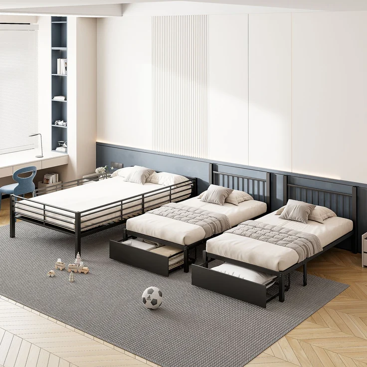 EINHOM Dreifaches Etagenbett mit Schubladen, Metallbettrahmen, Umwandelbar in 140 x 200 cm Doppelbett und Zwei 90 x 200 cm Einzelbetten, Multifunktionales Metallrahmenbett, Schwarz, (Ohne Matratze) – Bild 4