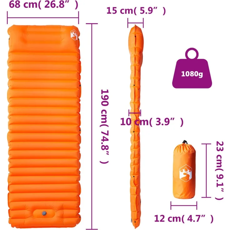 vidaXL Selbstaufblasende Isomatte mit Kissen Orange 4007119 – Bild 6