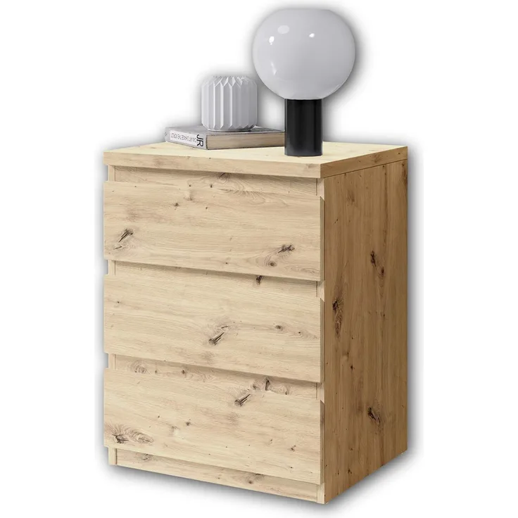 OLLI Nachttisch mit drei Schubladen in Artisan Eiche Optik - Moderner Nachtschrank mit Stauraum für Ihr Bett - 45 x 61 x 38 cm (B/H/T)