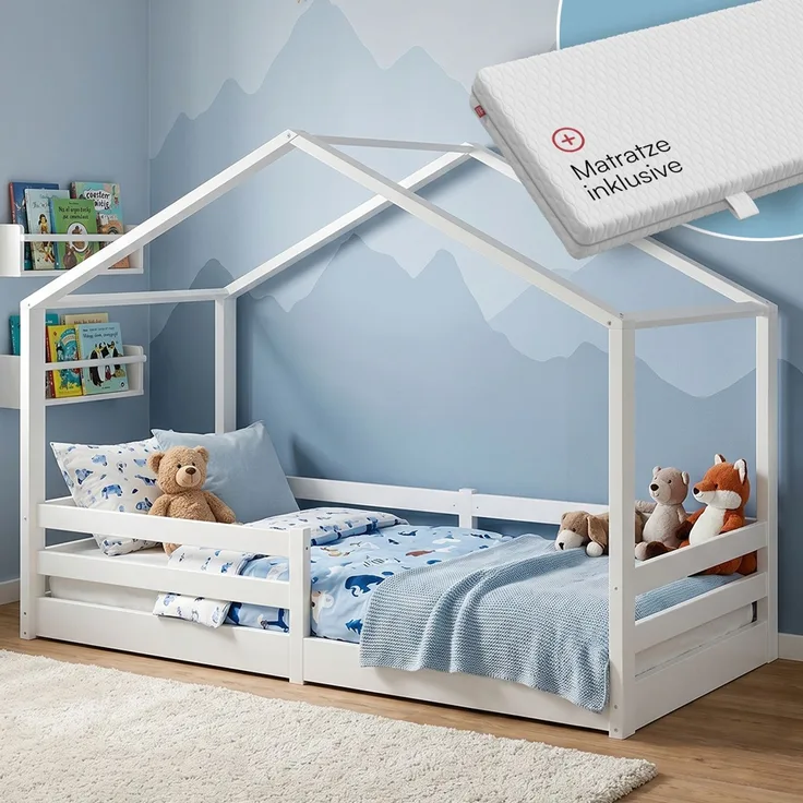 Bellabino 'Abia' Hausbett 90x200 cm mit Matratze, weiß, Kiefer Massivholz, Bodenbett in Hausoptik, Montessori Kinderbett mit Rausfallschutz und Lattenrost