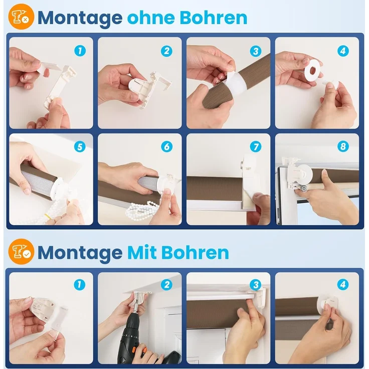 Grandekor Doppelrollo Klemmfix ohne Bohren Weiß-Beige-Braun 105x150 cm(Stoffbreite 101cm) Fenster Rollos für innen Klemmrollos Duo Rollos für Fenster ohne Bohren mit Bohren Privatschutz Zebrarollo – Bild 8
