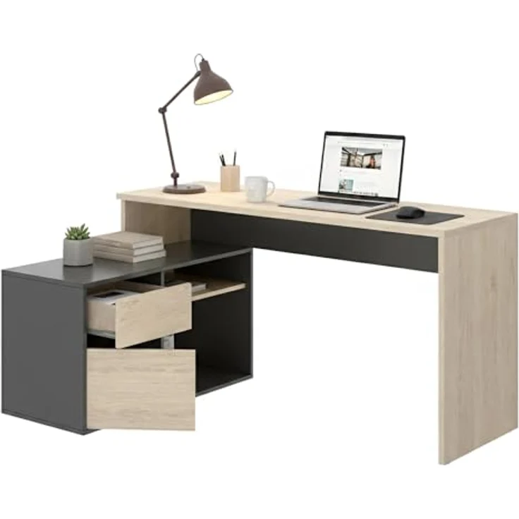 Dmora - Gardena-Schreibtisch, Schreibtisch mit Mehreren Positionen für das Büro oder Schlafzimmer, Mehrzweck-Ecktisch, 139 x 92 x 75 cm, Eiche und Anthrazit – Bild 4