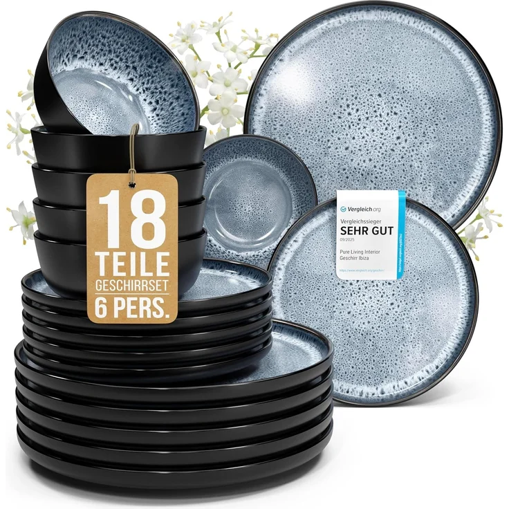 Steingut Geschirrset 6 Pers. Ibiza 18-tlg Hochwertiges Mediterranes TEST SEHR GUT Steingut Geschirr Set - Schüssel- und Teller Set - Tafelservice 6 Personen Geschirrsets Pure Living in Rauchblau
