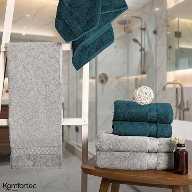 Komfortec 8er Handtuch Set aus 100% Baumwolle, 4 Badetücher 70x140 und 4 Handtücher 50x100 cm, Frottee, Weich,Groß, Silber/Petrol – Bild 8