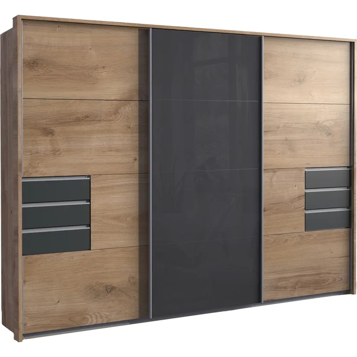 Schwebetürenschrank Kleiderschrank 3trg 273cm Eiche Dekor,Glas Grau Passepartout