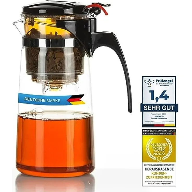 Dimono Teeglas DIMONO Teeglas Teekanne 600 ml – Teekocher mit Filter & Knopf, Tea-Maker 600 ml