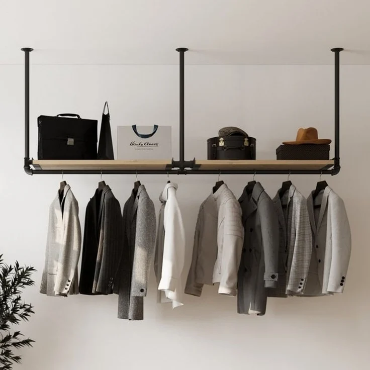 RSR Hangers Garderobenstange Kleiderstange Garderobe "DIEK II" mit Kiefernholablage Deckenmontage – Bild 4
