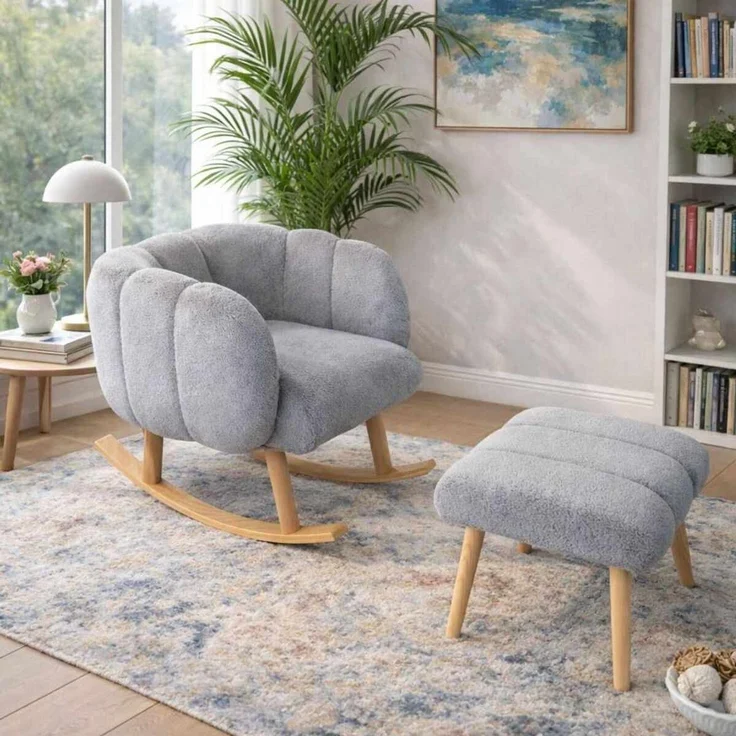 Hanah Home 'Lotus - Grey' Ohrensessel- und Hocker-Set (2-teilig), Grau, 70 x 94 x 42 cm – Bild 2