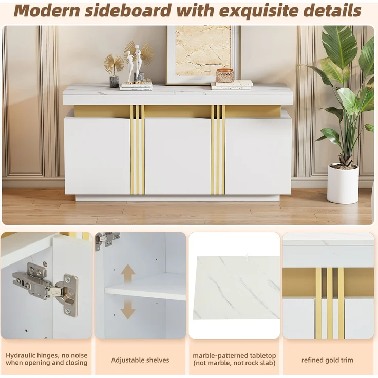 ZUBALIYA Sideboard 140x38x70 cm, mit 3 Türen, aus Spanplatte, Weiß – Bild 2