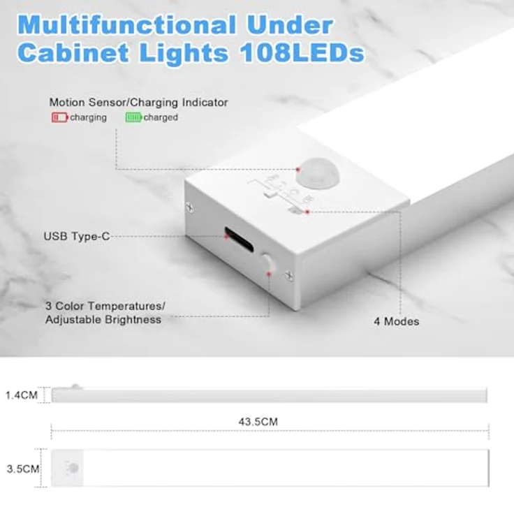 Schrankbeleuchtung 3000K 4000K 6500K, 43.5CM/108LEDs Bewegungsmelder Led Leiste 2500mAh Batterie, Unterbauleuchte Küche LED Farbmodi Dimmbar USB-C Wiederaufladbar, Led Lampe für kleiderschrank, Küche – Bild 7