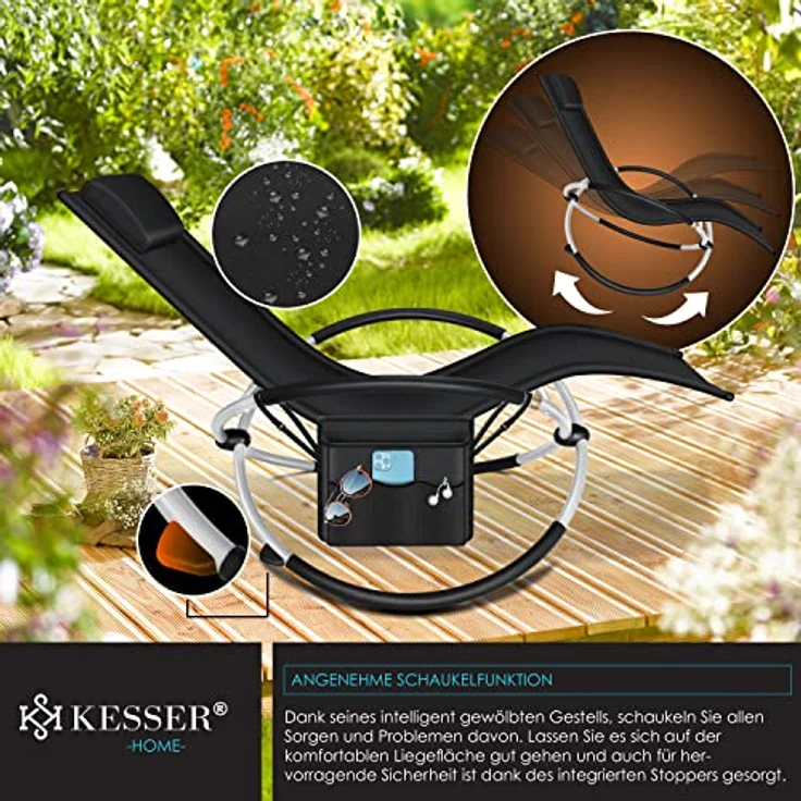 KESSER® Relaxliege Liegestuhl Inkl. Tasche + Abdeckung Gartenliege Sonnenliege Gartenstuhl Klappstuhl faltbar | Schwungliege | Schaukelsessel | ergonomische Relaxsessel | 180kg Belastung, Schwarz – Bild 5