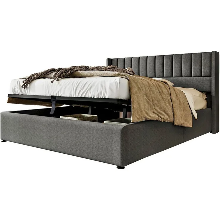 Yorbay Polsterbett Hydraulisches Polster-Doppelbett Stauraumbett mit Stauraum, 160x200cm, Holzlattenrost & Metallrahmen, Bezug aus Leinen