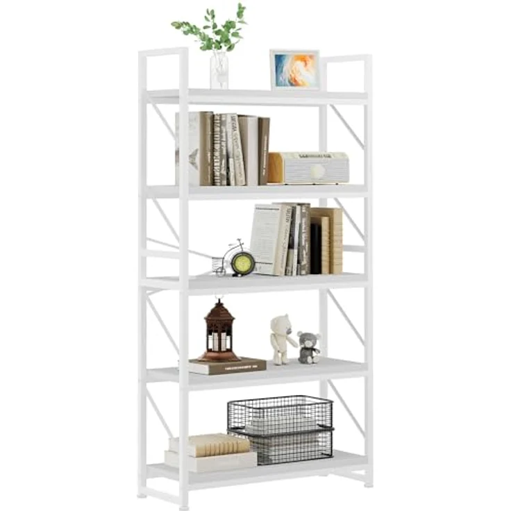 YITAHOME Bücherregal mit 5 Ebenen, Großes Standregal, Holzregal und Metallrahmen, Industrieregal, Bodenstehendes Lagerregal, für Wohnzimmer, Home Office, Weiß Regal – Bild 8