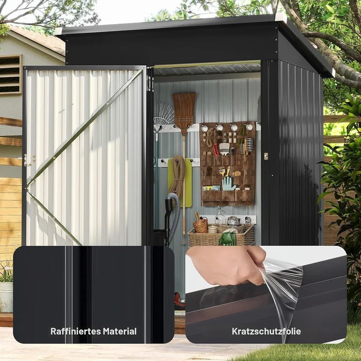 Aoxun Gerätehaus Metall 150x91x185cm, Geräteschuppen, Pultdach mit Belüftungslöcher Abschließbarer Tür für Outdoor Garten Schuppen,Schwarz – Bild 7