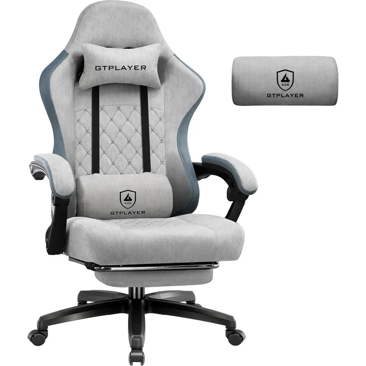 GTPLAYER Gaming Stuhl Stoff, Gaming Sessel mit Taschenfederkissen, ergonomischer Drehstuhl, Gamer Stuhl mit Fußstütze150 kg Belastbarkeit, grau – Bild 1
