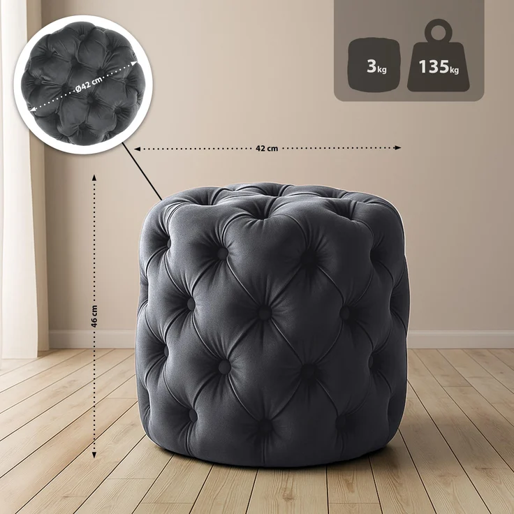 CLP Sitzhocker Drancy Samt mit Zierknöpfen,dunkelgrau M – Bild 2