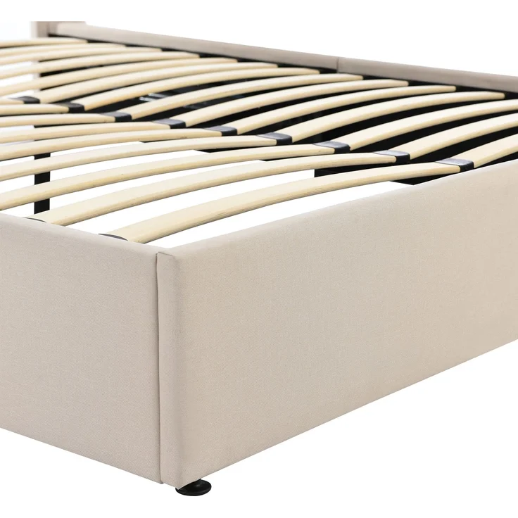 Stauraumbett Polsterbett 160x200 cm Doppelbett mit Hydrauliksystem, Lattenrost aus Holz und Metallrahmen, Leinen, Beige – Bild 9