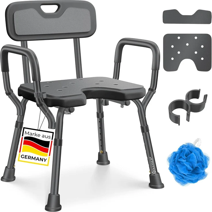 KESSER® Duschhocker mit Lehne höhenverstellbar in 6 Stufen 38-54cm | Badhocker 150KG belastbar Duschstuhl Anti-Rutsch Füße & Matten | Duschhilfe Senioren & Schwangere Duschsitz mit Brausehalterung Anthrazit – Bild 1