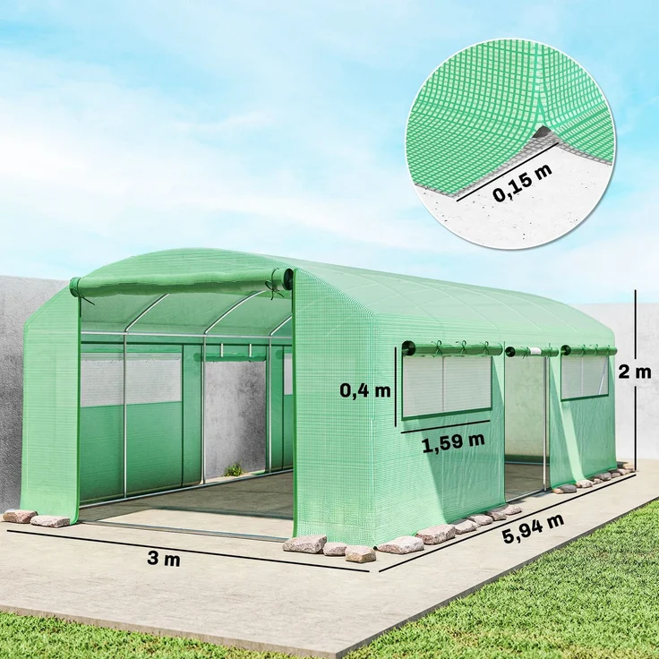 MELAYR, Tunnelgewächshaus 6x3x2 m mit 3 Rolltoren, 6 Gitterfenstern und grün verzinkter Stahlkonstruktion – Bild 5
