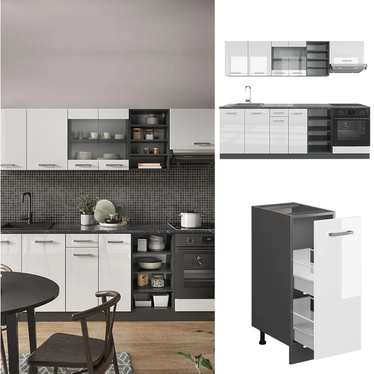 Küchenzeile R-Line Weiß Hochglanz/Anthrazit 240 cm , AP Marmor Vicco – Bild 2