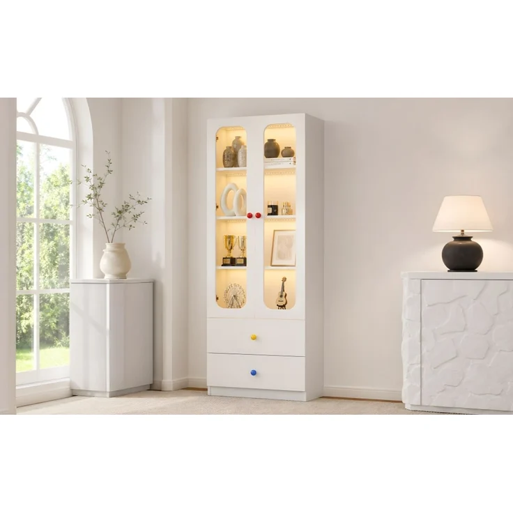 ZUBALIYA Glasvitrine, Aktenschrank, Sammelfiguren-Vitrine, 4 Ebenen Spielzeugschrank mit 2 Schubladen, RGB-LED-Beleuchtung per App steuerbar, Kindermöbel, bunte kugelförmige Keramikgriffe, weiß, 60x35x170 cm – Bild 25