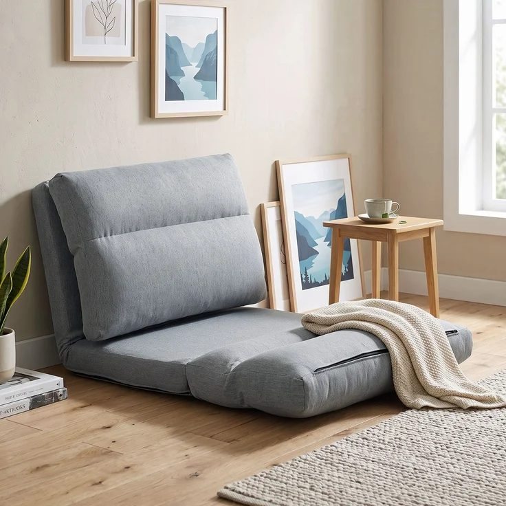 MELAYR, Sitzsack mit Bettfunktion, neigbare Lehne, klappbar, bis 120kg, 70 x 72 x 56 cm, Grau – Bild 4