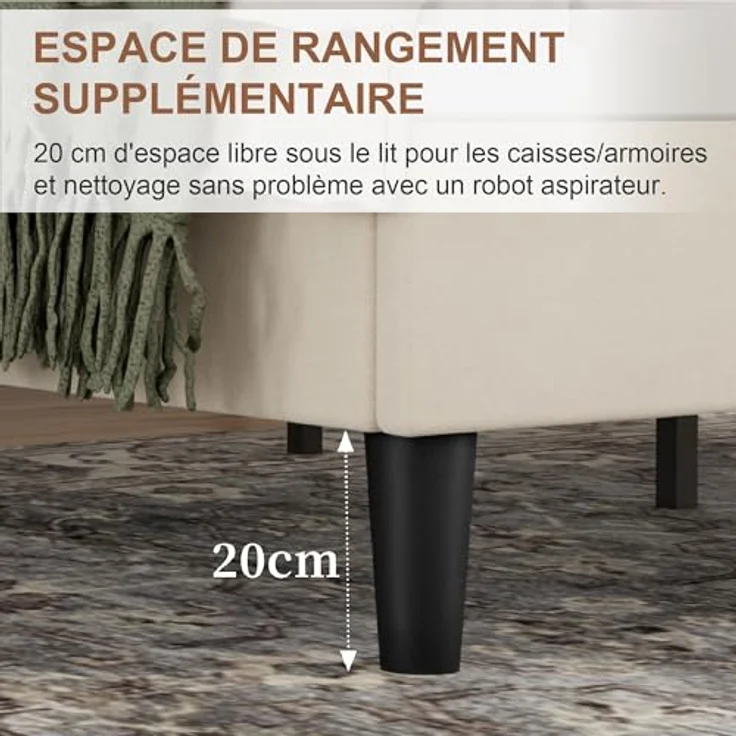 VECELO Doppelbett, gepolstert, 140 x 190 cm, Bettgestell mit Kopfteil, Lattenhalterung aus stabilem Holz, hochwertiger Samtstoff, einfach zu montieren, Beige – Bild 6