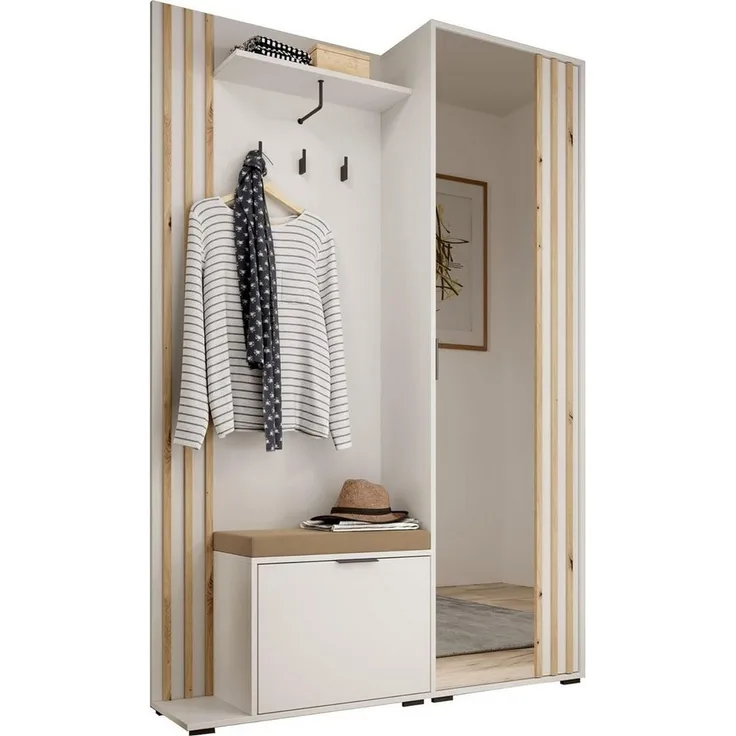 MOEBLO Kompaktgarderobe JOHN (Dielenschrank Wandschrank Regal Diele & Flur Kleiderschrank Schuhschrank, mit Spiegel Flurgarderobe Schrank Kompaktgarderobe), (BxHxT): 135x197x34cm