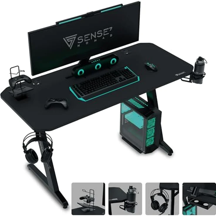 SENSE7 Schreibtisch Nomad Basic, Gaming Tisch 100x50, PC Tisch mit Kopfhörerhaken, Getränkehalter, Controller Halter, Gaming Computertisch mit Kohlefaseroberfläche, Ergonomischer Gaming Desk – Bild 5